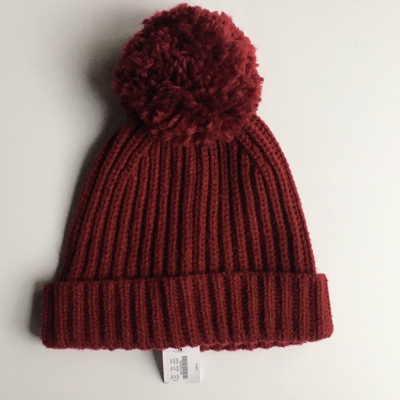 J.Crew Pom Pom Hat NWT new Ribbed burgundy red maroon women's beanie